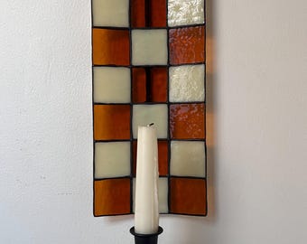 Amber & Cream Checkered Stained Glass Candle Wall Sconce
