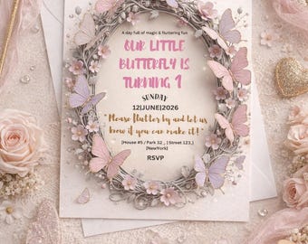 Invitación de cumpleaños con mariposas, diseño floral rosa, morado y dorado, plantilla de Canva (descarga digital)