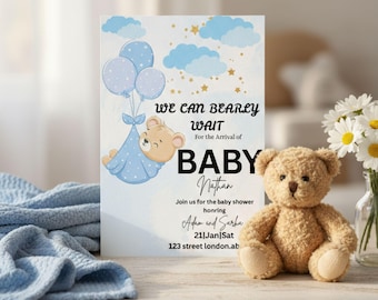Invitación para baby shower con osito de peluche, plantilla editable de Canva (descarga digital) ¡Apenas podemos esperar!