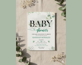 Invitación de baby shower con flores silvestres, verde salvia, plantilla bohemia de Canva (descarga digital)