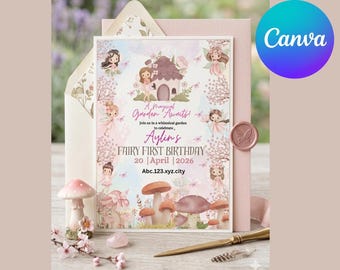 Invitación de primer cumpleaños con temática de hadas encantadas y jardín floral (descarga digital)