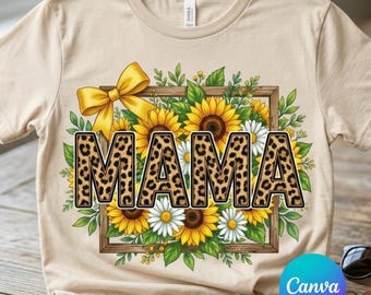 Diseño PNG floral de girasol y leopardo de Mama (descarga instantánea)