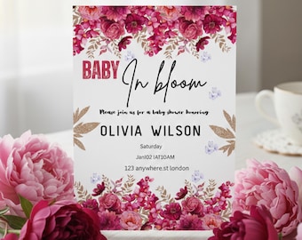 Plantilla de invitación floral para baby shower / Bebé en flor, Canva editable (digital e imprimible)