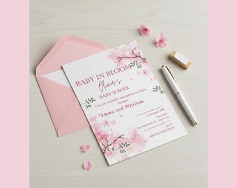 Invitación para baby shower con flores, plantilla floral de Canva (editable, 5x7, A4, tamaño carta de EE. UU.)