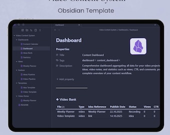 Obsidian Template for YouTubers | Video Content System | Content Calendar, Dashboard, Kanban, Podcast Planner
