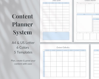 Printable Content Planner PDF | Content Calendar, Dashboard, Ideas Bank | 6 Colors | A4 and US Letter