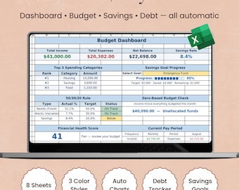 Excel Budget Planner | Monthly Budget Tracker, Savings Goals & Debt Tracker | Automatic Dashboard | 3 Color Styles incl. Dark Mode