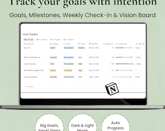 Notion Goal Tracker Template | Goals, Milestones, Weekly Check-in | Dark and Light Mode