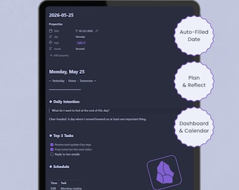 Obsidian Daily Notes Template | Planner System with Dashboard and Calendar | Easy Setup