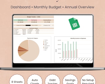 Google Sheets Budget Tracker | Monthly Expenses, Income, Savings Goals | Debt Tracker