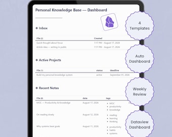 Obsidian Knowledge Base Template | Personal Wiki, Notes System, Automatic Dashboard | Easy Setup