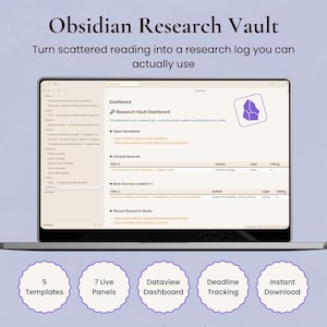 May include: A digital Obsidian Research Vault dashboard displayed on a laptop screen. The interface features sections for open questions, unread sources, and research notes. Below, five scalloped badges list features: 5 Templates, 7 Live Panels, Dataview Dashboard, Deadline Tracking, and Instant Download.