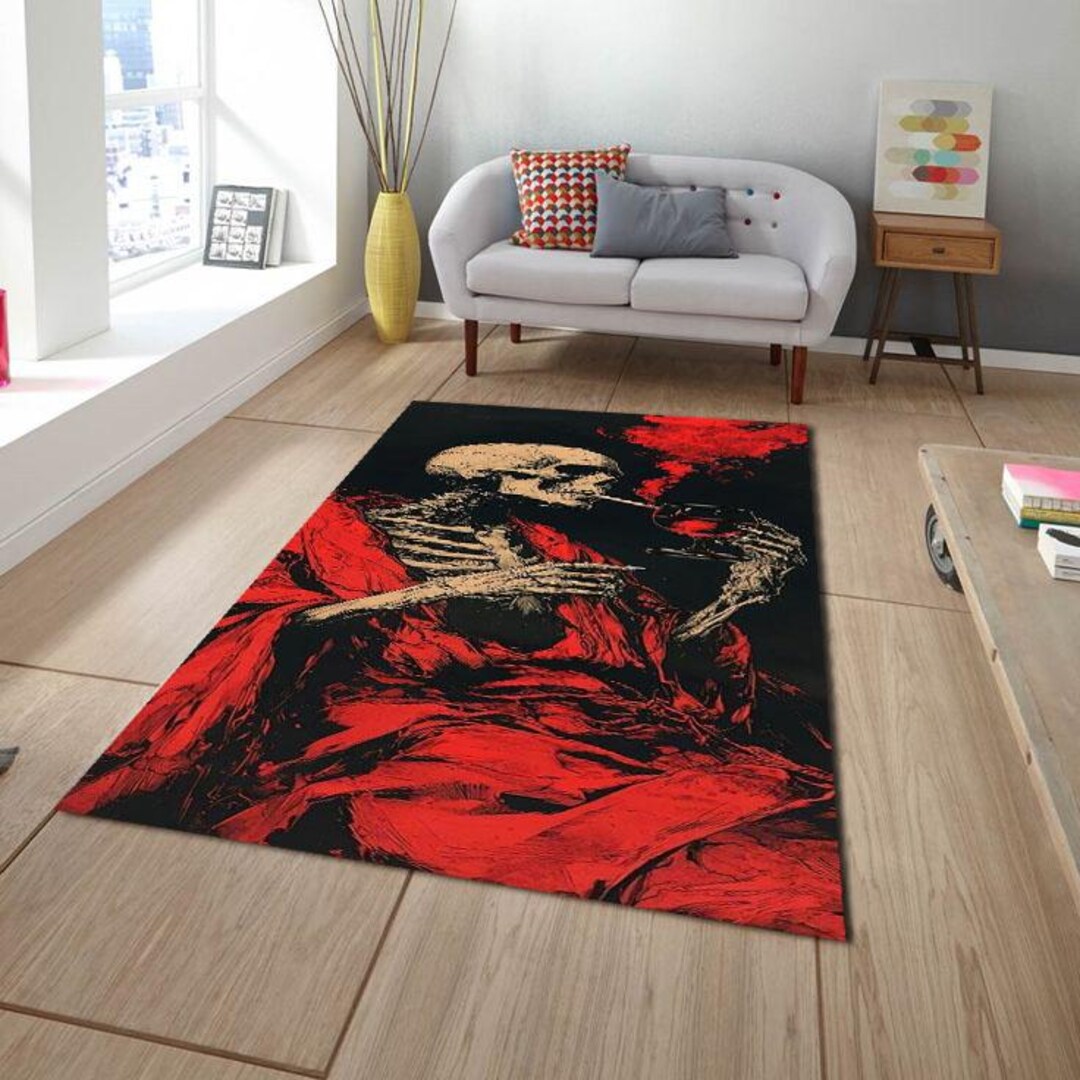 Hok Rug Skeleton Pattern Red Smoking Skeleton Rug – Dark Gothic Art Carpet, Edgy Skeleton ...