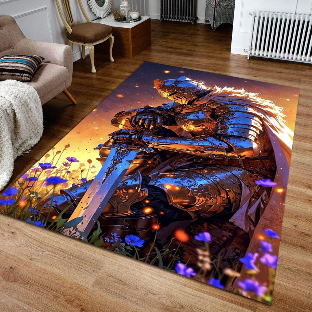 Epic Handmade Rug Epic Knight Armor Fantasy Custom Rug – Medieval Golden Warrior Design ...