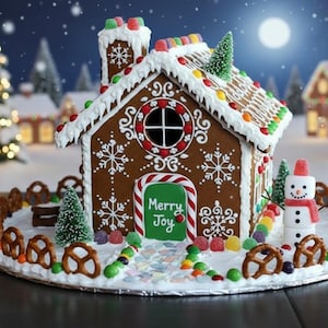 May include: A festive gingerbread house decorated with white icing, sweets, and a snowman. The house features a green door with "Merry Joy" written on it. The roof is adorned with colourful sweets and a small Christmas tree.