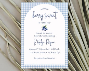 Blueberry Baby Shower Invitation | Gingham, Watercolor (Editable Canva Template)