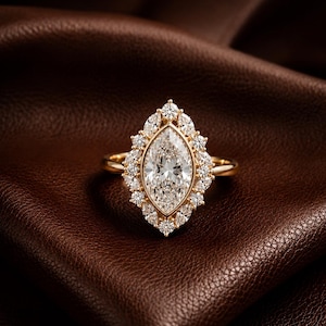 Marquise Diamond Halo Engagement Ring, Gold Vintage Inspired Bridal Jewelry, Art Deco Statement Piece, Unique Anniversary Ring Gift for Her