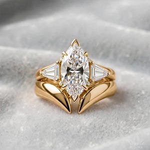 Marquise Moissanite Engagement Ring, Gold Split Shank Ring, Baguette Side Stone Ring, Marquise Cut Statement Ring, Luxury Fine Jewelry
