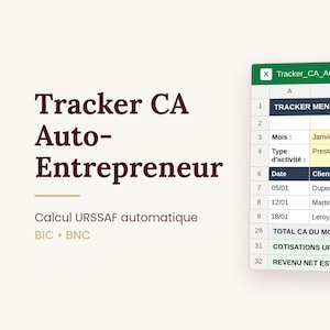 Può includere: Schermata di un foglio di calcolo denominato "Tracker CA Auto-Entrepreneur Lite.xlsx" con dati finanziari. Il documento include una tabella con colonne per data, cliente, descrizione e importo. Testo "Tracker CA Auto-Entrepreneur" e "Calcul URSSAF automatique".