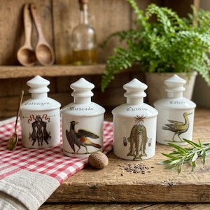 Peut inclure: Quatre pots à épices en céramique blanche avec couvercles, chacun orné d'une illustration unique et d'une étiquette. Les étiquettes indiquent Estragon, Muscade, Cumin et Céleri. Les pots sont disposés sur un tissu à carreaux rouges et blancs.