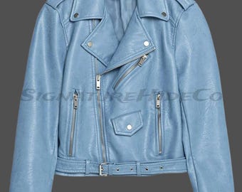 Women's Baby Blue Leather Biker Jacket | Genuine Leather Moto Jacket | Cropped Motorcycle Jacket | Gift for Her