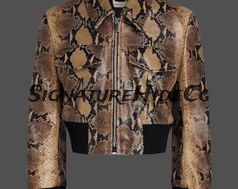 Womens Snakeskin Leather Jacket | Cropped Python Print Moto Jacket | Genuine Leather Bomber | Handmade Statement Outerwear