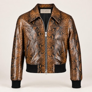 Mens Python Print Leather Jacket, Brown Snake Print Bomber Jacket, Handmade Leather Bomber, Exotic Style Jacket, Custom Mens Outerwear