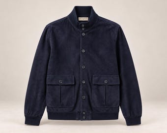 Mens Navy Suede Jacket, Mens Blue Suede Jacket, Handmade Suede Field Jacket, Stand Collar Bomber Coat with Utility Pockets Gift for Him