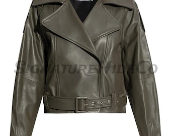 Cropped Oversized Stylish Olive Green Sheep Leather Jacket for