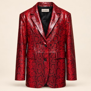 Red Snake Print Leather Blazer, Unisex Python Embossed Jacket for Men and Women