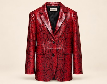 Red Snake Print Leather Blazer, Unisex Python Embossed Jacket for Men and Women