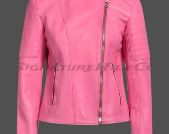 Chaqueta motera de piel rosa para mujer – Piel de cordero auténtica – Estilo motero
