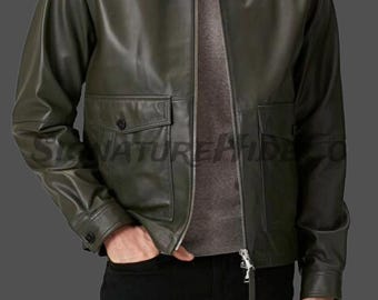 Giacca da uomo in pelle verde oliva / Giacca in vera pelle da uomo / Giacca classica in pelle con cerniera / Giacca bomber casual / SignatureHideCo