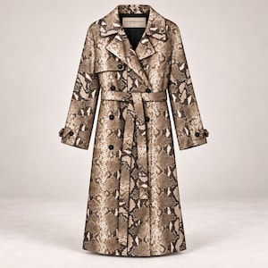 Womens Snakeskin Trench Coat, Python Leather Coat, Snake Print Long Coat, Belted Double Breasted Leather Trench Coat for Women