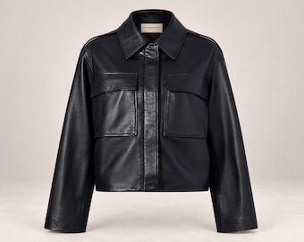 Women’s Black Leather Jacket, Oversized Cropped Lambskin Shacket, Button Front Utility Jacket