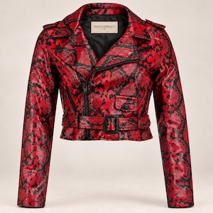 Women’s Red Leather Jacket, Snake Print Lambskin Cropped Biker, Gothic Belted Moto Style