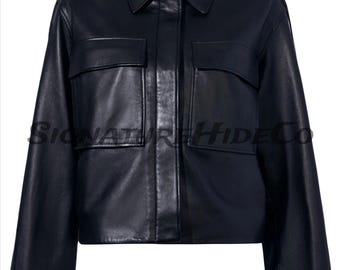 Women’s Oversized Cropped Lambskin Leather Shacket Jacket