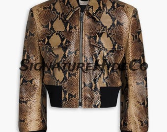 クロップド丈スネークスキンジャケット | パイソンプリントレザーアウター | ハンドメイドレディースモト | スネーク柄ファッション