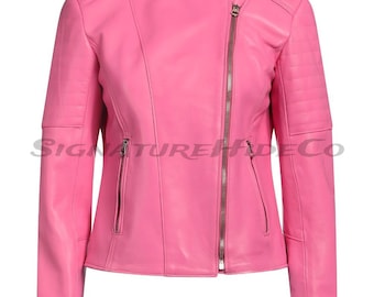 Women’s Pink Leather Biker Jacket – Genuine Lambskin – Moto Style