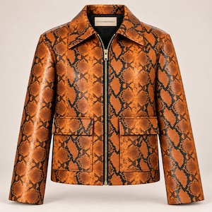 Women’s Snake Print Leather Jacket, Brown Python Pattern Calf Leather Utility Style