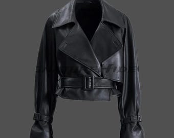 Echte Lammfell abgeschnitten schwarze Lederjacke | Oberbekleidung mit Gürtel