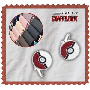 May include: A pair of cufflinks with a red, white, and black circular design. The cufflinks have a silver-colored backing and a small, circular center. The image also includes the text "Pet Elf CUFFLINK".