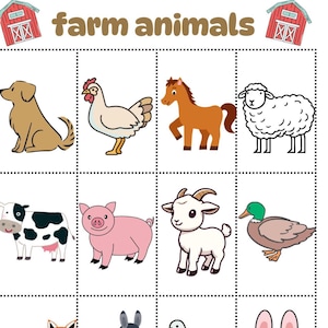 May include: A colorful educational chart featuring illustrations of farm animals. The chart includes a dog, chicken, horse, sheep, cow, pig, goat, and duck. The words "farm animals" are written in brown at the top, with red barn illustrations on each side.