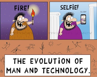 Evolution Of Man And Technology cartoon print or mug