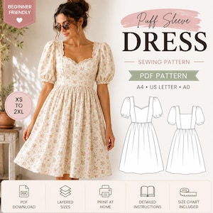 Puede incluir: Un patrón de costura para un vestido de mangas abullonadas con escote corazón y estampado floral. El PDF digital incluye tallas de XS a 2XL, en formatos A4, US Letter y A0. Incluye capas de tallas, opciones de impresión y manual de instrucciones.