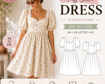 Patrón de costura en PDF para vestido con mangas abullonadas / Minivestido con escote corazón / Vestido estilo cottagecore / Patrón de costura para mujer (tallas XS-2XL) / Vestido babydoll.