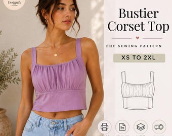 Patrón de costura PDF para top corsé / Patrón para top corto bustier / Top corsé con cordones, ideal para principiantes / Tallas XS-2XL