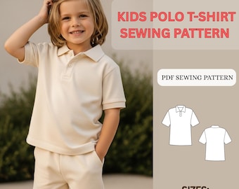 Wykrój na koszulkę polo dla dzieci w formacie PDF | Koszulka polo unisex z krótkim rękawem z dzianiny | Koszulka szkolna dla chłopców i dziewcząt | Wykrój dla początkujących | Rozmiary 2–16 lat