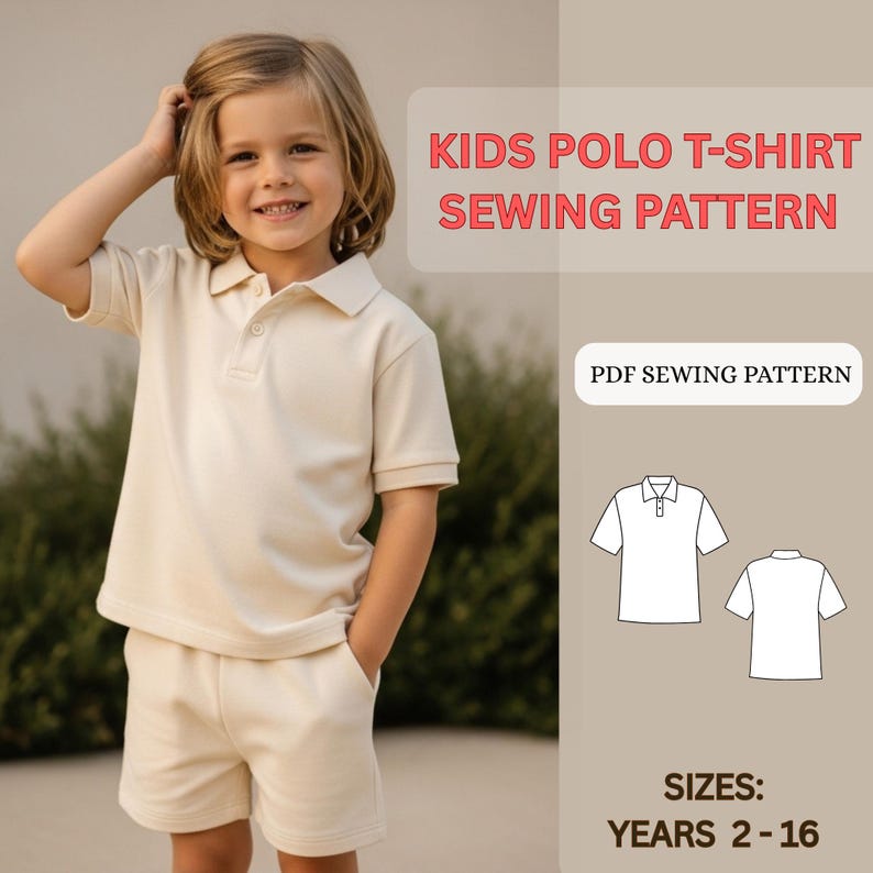 Pode incluir: Uma crian&ccedil;a vestindo um conjunto de camisa polo e shorts creme. A imagem inclui o texto "KIDS POLO T-SHIRT SEWING PATTERN" e "PDF SEWING PATTERN". Os tamanhos do padr&atilde;o s&atilde;o para crian&ccedil;as de 2 a 16 anos.