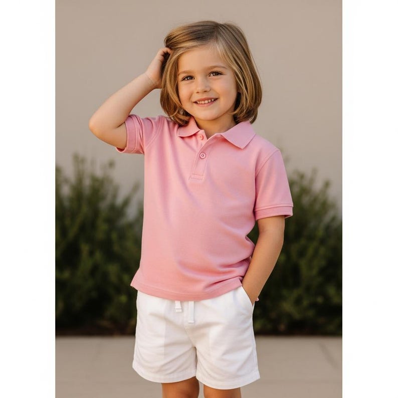 Pode incluir: Uma pessoa jovem vestindo uma camisa polo rosa claro com gola abotoada e shorts brancos. Os shorts t&ecirc;m um cord&atilde;o. A pessoa est&aacute; sorrindo e tem a m&atilde;o no cabelo.